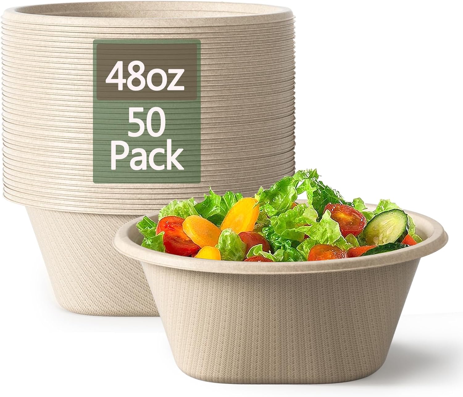 48 Oz Disposable Salad Bowls - Heavy Duty and Compostable Bowls - Made from Suga...