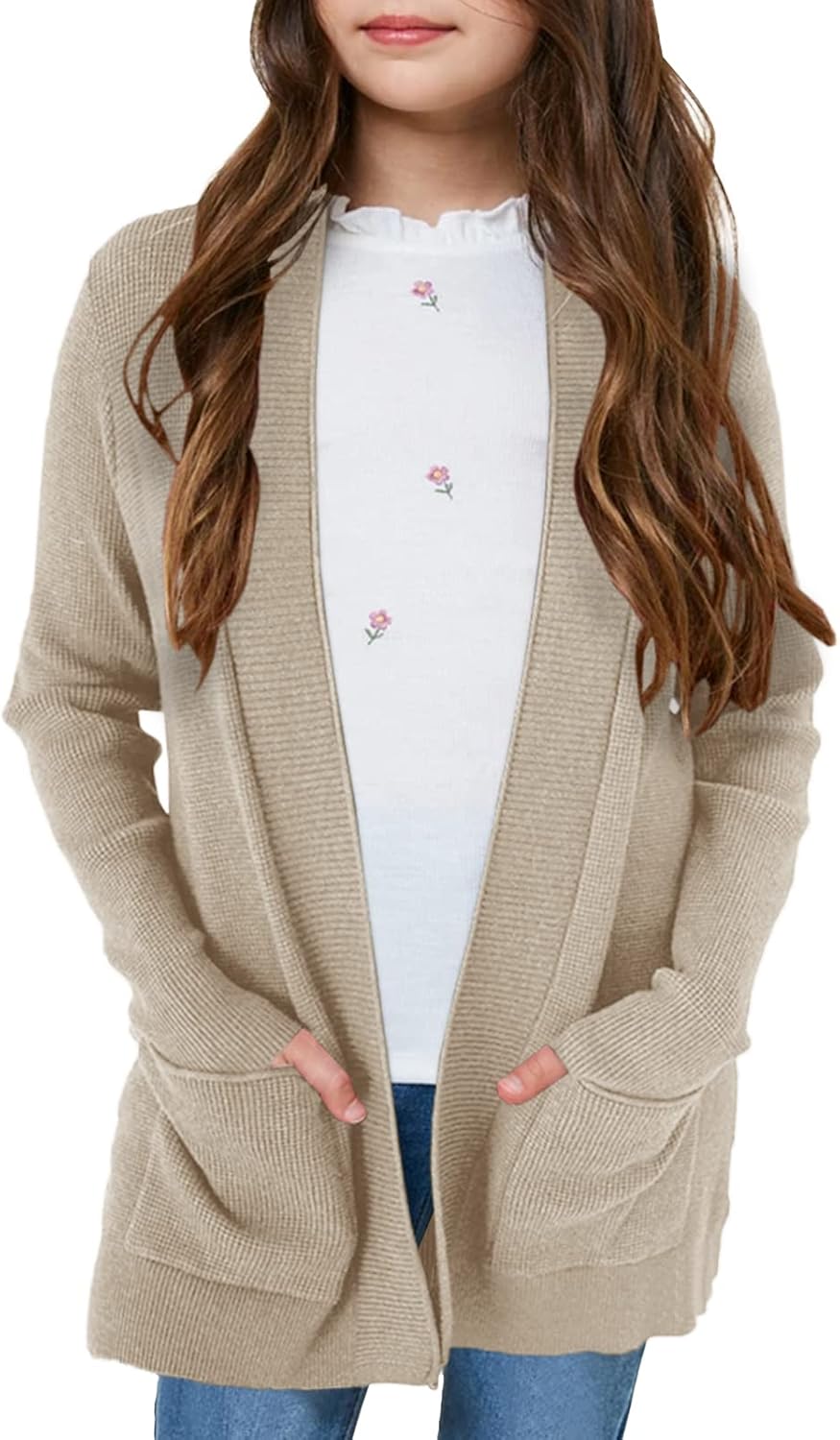 Girls Long Sleeve Casual Cardigan Kids Open Front Soft Knit Oversized Sweater wi...