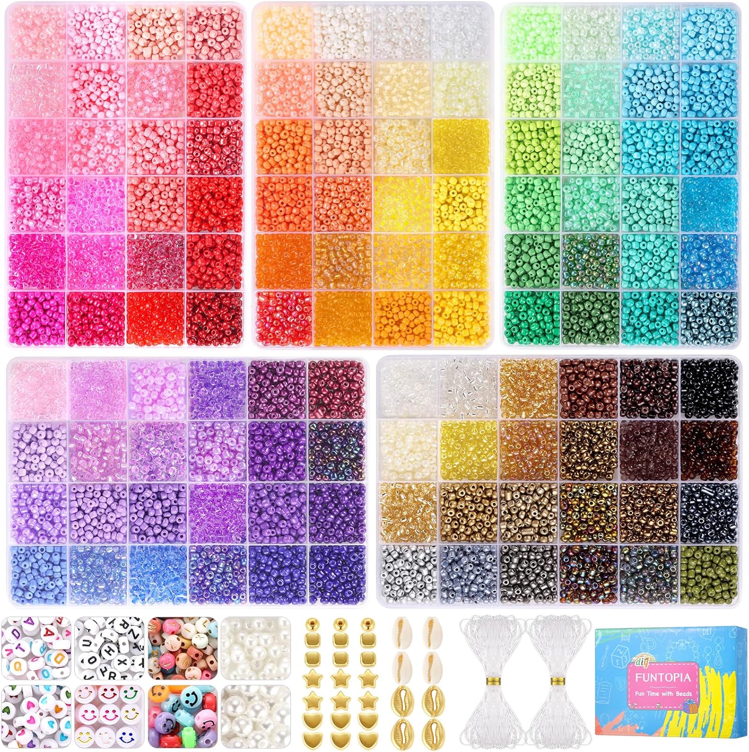 Funtopia 4mm 13000pcs+ Seed Beads for Jewelry Making, 120 Colors Small Glass Bea...