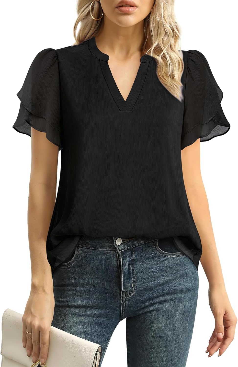 Lotusmile Womens Dressy Chiffon Blouses Summer Puff Petal Short Sleeve Shirts V...