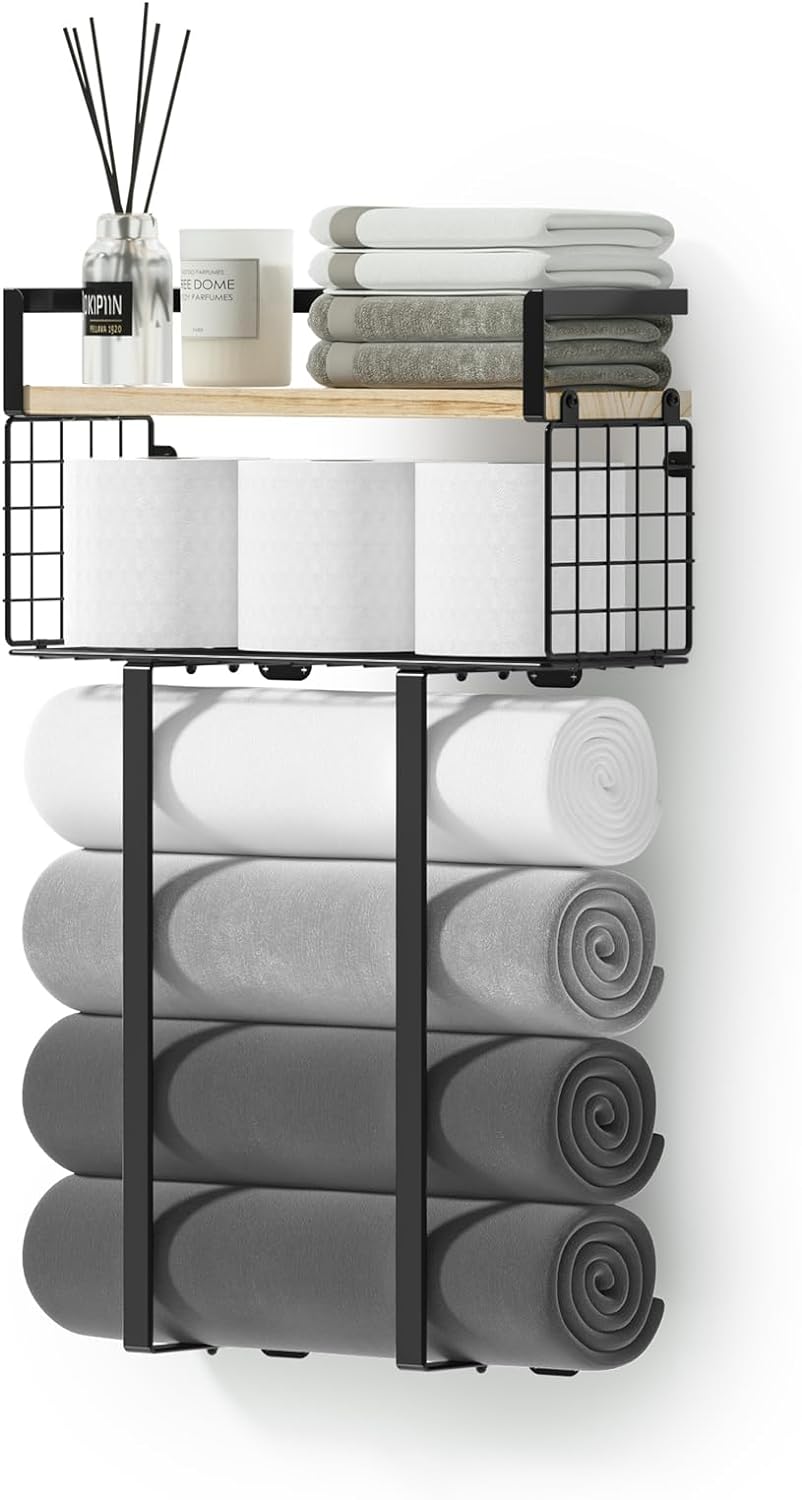 Towel Racks, Unique Metal Towel Holder with Storage Basket, Innovative Wall Towe...