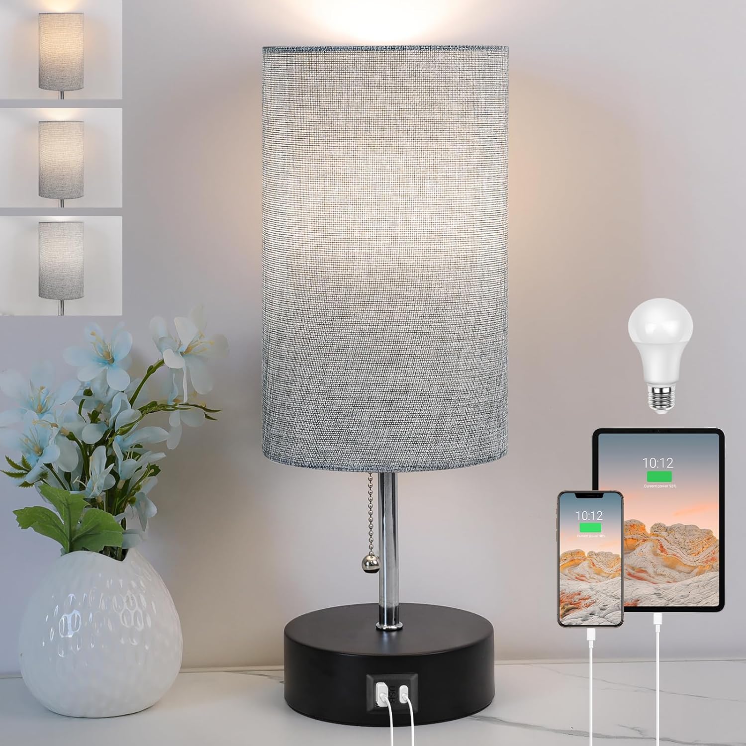 3-Color Temperature Bedside Lamp Nightstand Lamp with USB A Port and C Port, Tab...