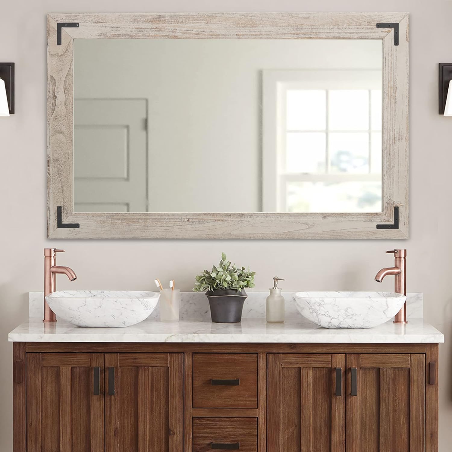 YOSHOOT Rustic Wooden Framed Wall Mirror, Natural Wood Bathroom Vanity Mirror fo...