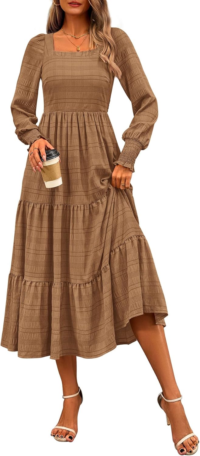 CFLONGE Women's Fall Dresses 2024 Puff Long Sleeve Square Neck Dress High Waist...