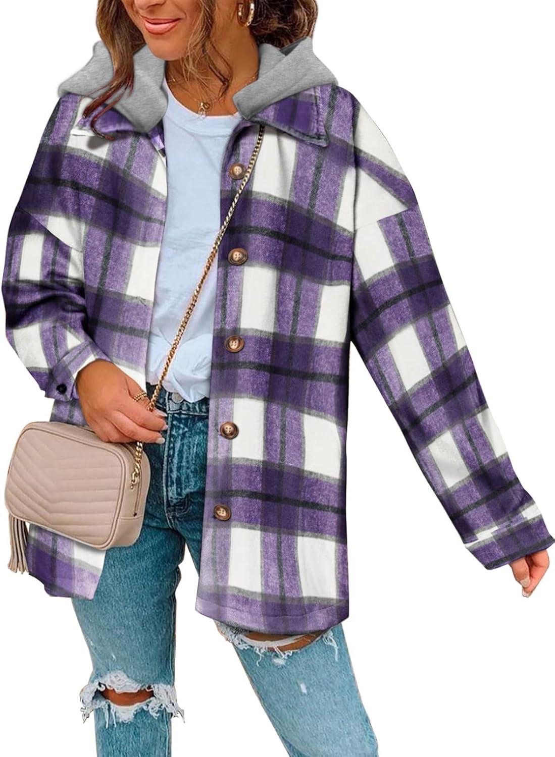 SHEWIN Womens Long Sleeve Plaid Shirts, Special Button Down Flannel Hooded Shack...