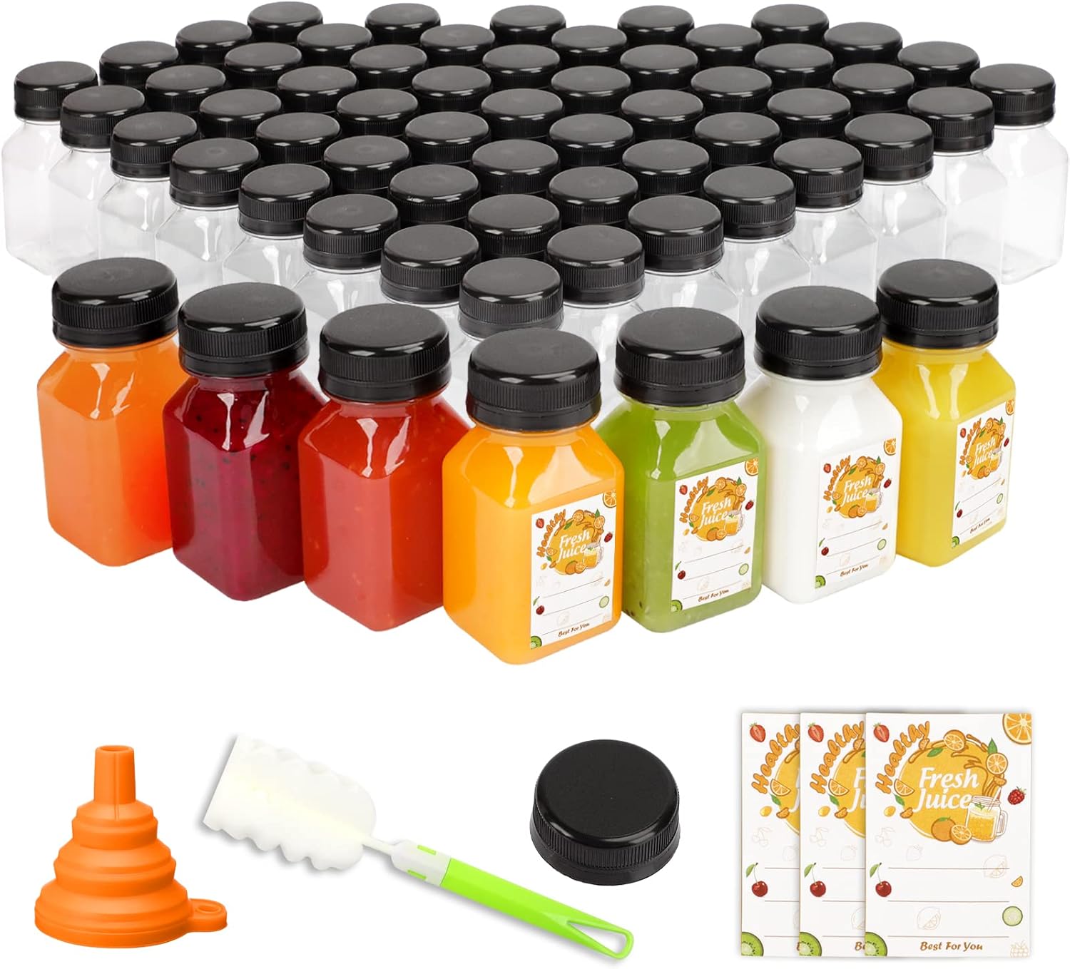 TOMNK 105pcs 4oz Bottles, Reusable Mini Juice Bottles with Lids, Labels, Funnel...