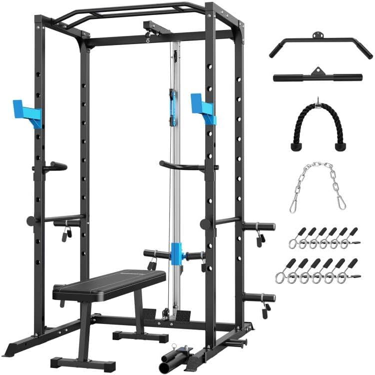 Power Cage, Multi-Functional Power Rack with J-Hooks, Dip Handles, Landmine Atta...