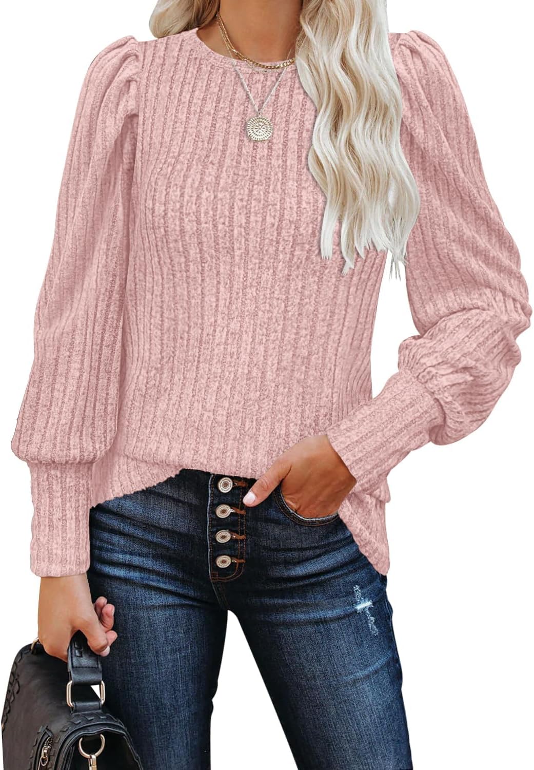 MIHOLL Women's Puff Long Sleeve Shirts Casual Knit Blouses Crew Neck Elegant Tun...