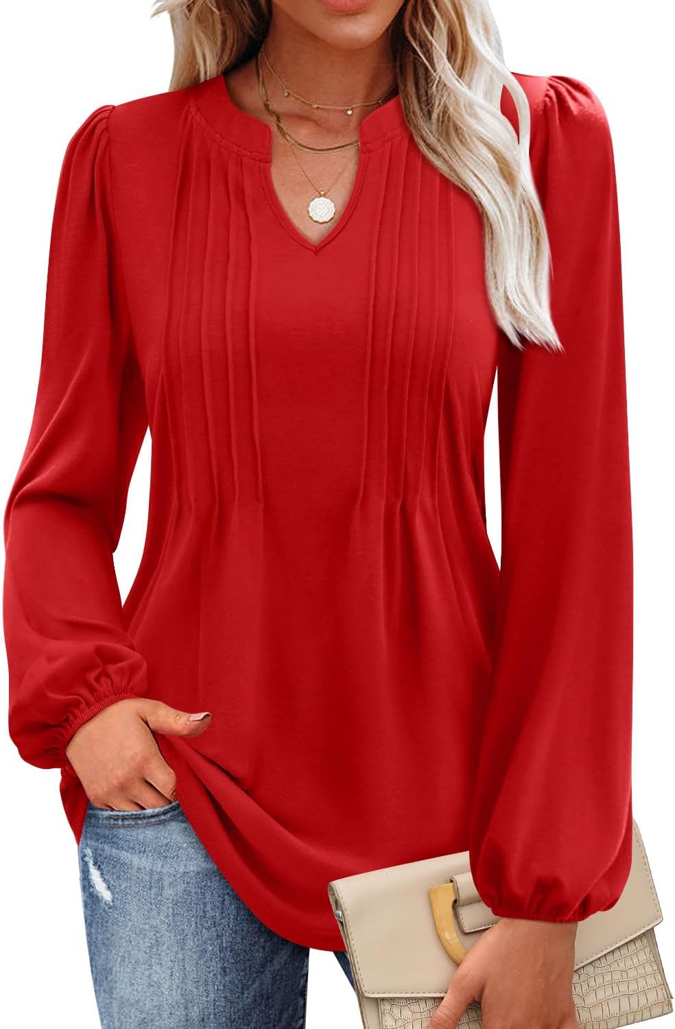 MIHOLL Women's 2024 V Neck Puff Long Sleeve T Shirts Pleated Casual Loose Tunic...