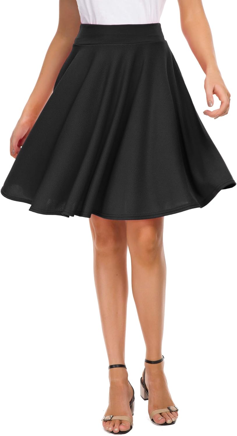 EXCHIC Women's Casual Stretchy Flared Mini Skater Skirt Basic A-Line Pleated Mid...