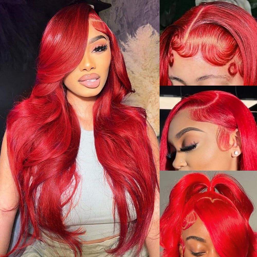 26 Inch Red Human Hair Lace Front Wigs 13x4 180% Density Red Lace Front Wigs Hum...
