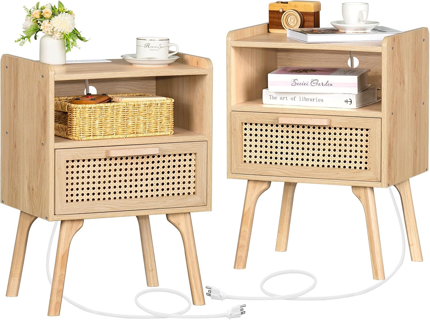 Lerliuo Rattan Nightstands Set of 2 with Charging Station, Boho Side Table with...