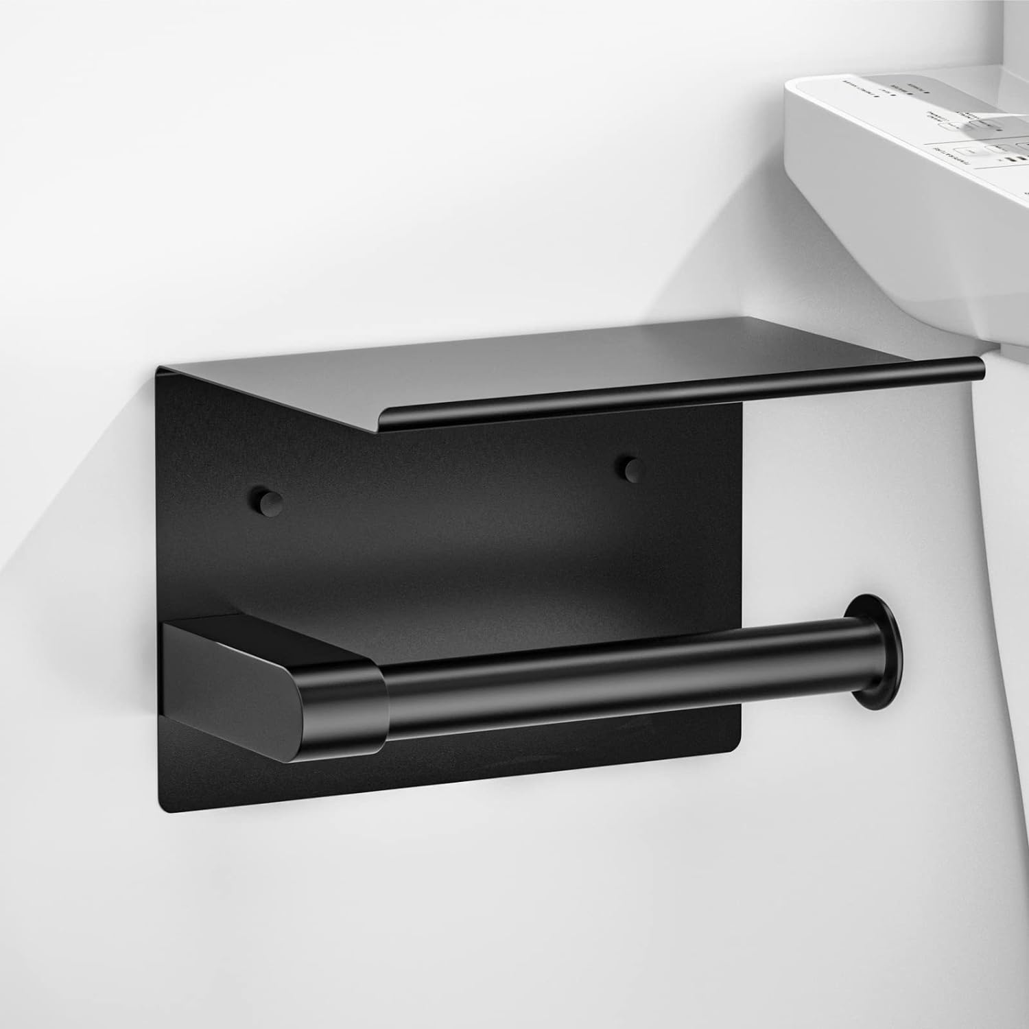 ASTOFLI Rustproof Matte Black Wall Mount Toilet Paper Holder with Shelf - Self A...