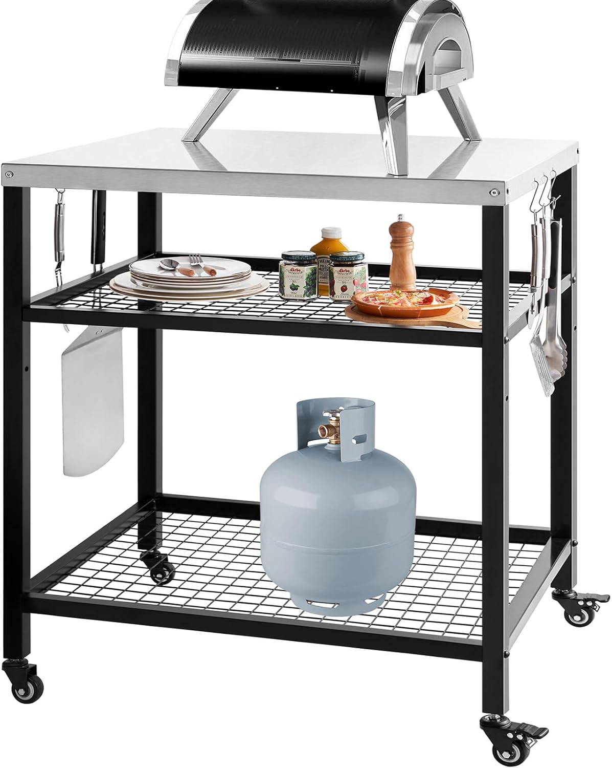 Stainless Steel Grill Cart Pizza Oven Stand Trolle...