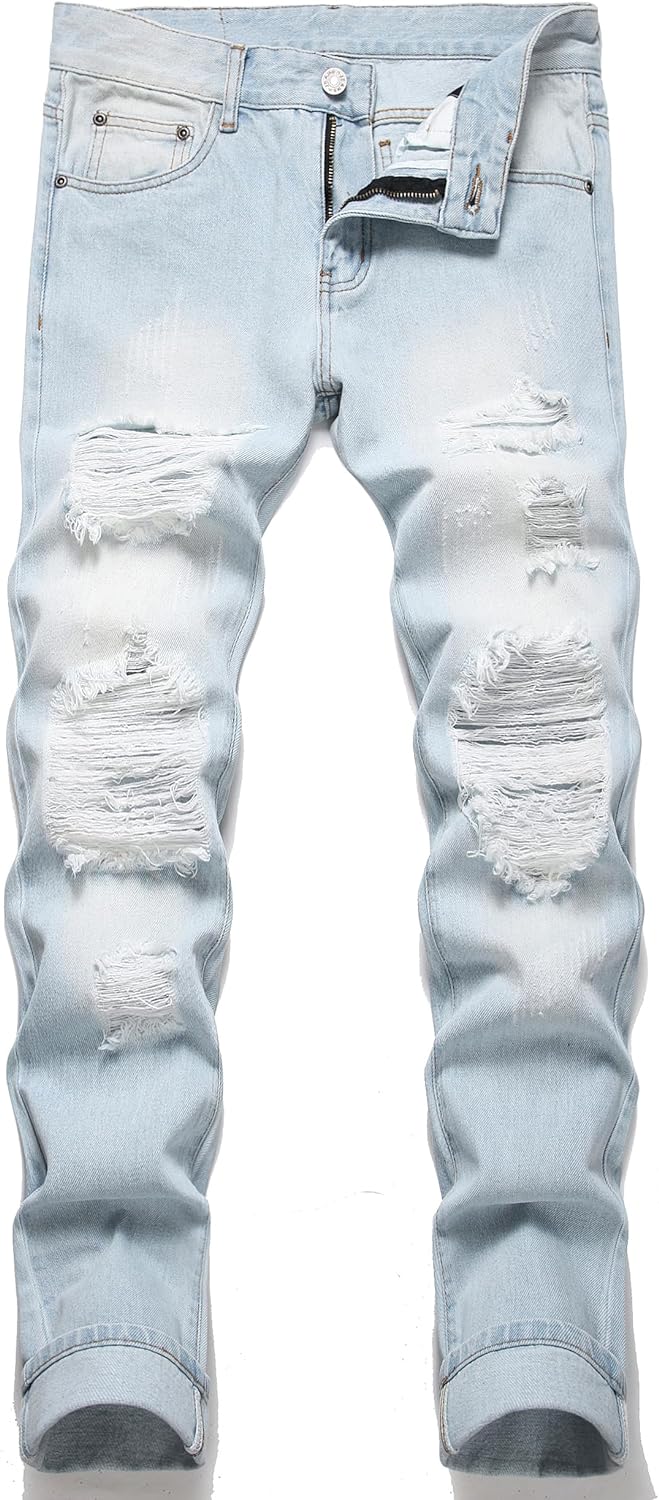 OIIIO Men's Ripped Slim Fit Straight Leg Jean Denim Pant 30 30011 Blue
