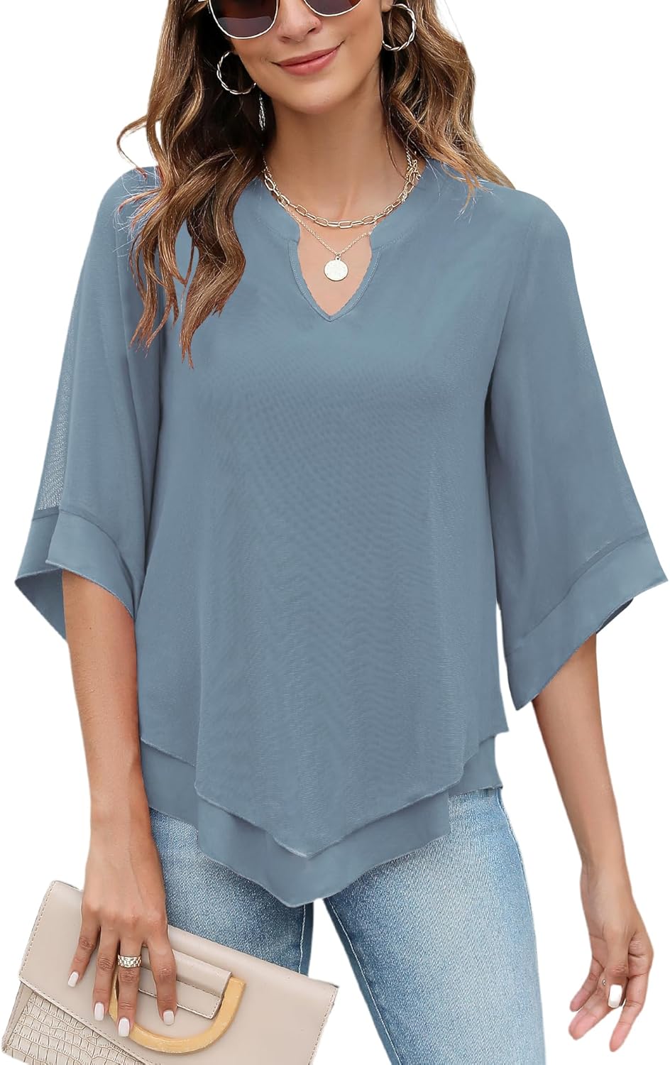 Micoson Womens 3/4 Sleeve Chiffon Blouses V Neck Double Layers Mesh Shirts Dress...