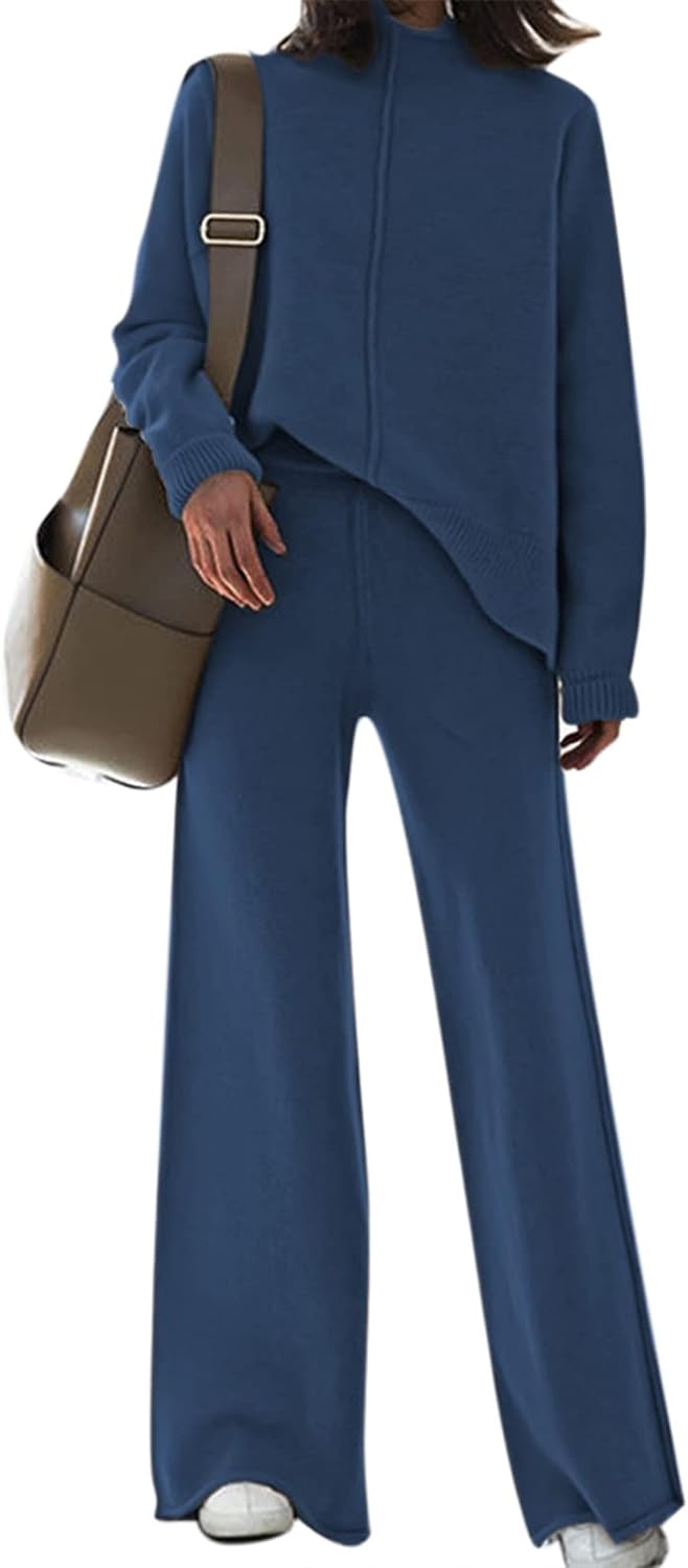 Linsery Women 2 Piece Outfits High Neck Knitted Sweater Wide Leg Pant Sweatsuit...
