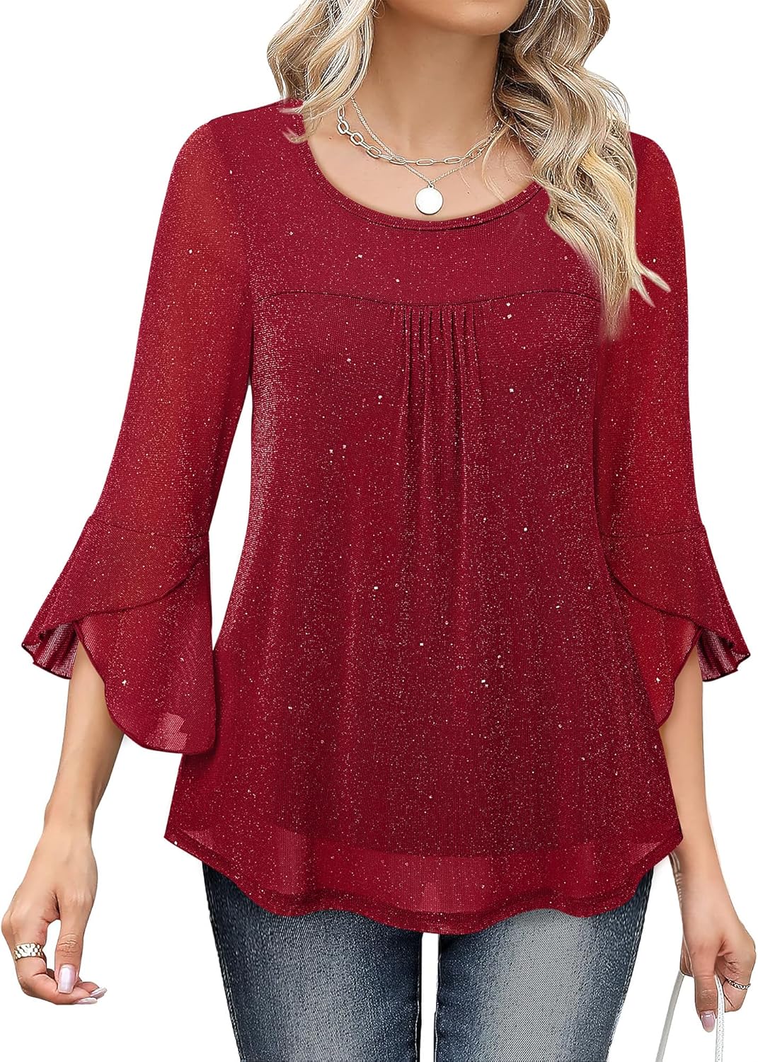 Bebonnie Women's Ruffle 3/4 Sleeve Elegant Dressy Blouses Crew Neck Double Layer...