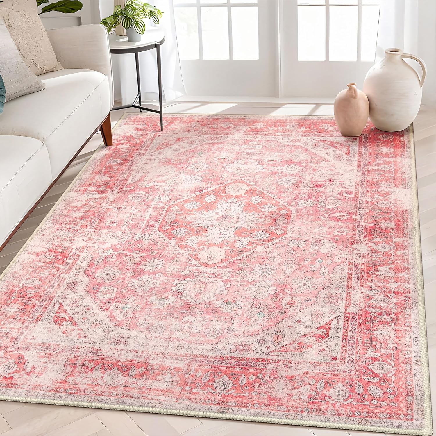 MUJOO Pink Rugs for Bedroom 5x7 Area Rugs Girls Boho Rugs for Living Room Washab...