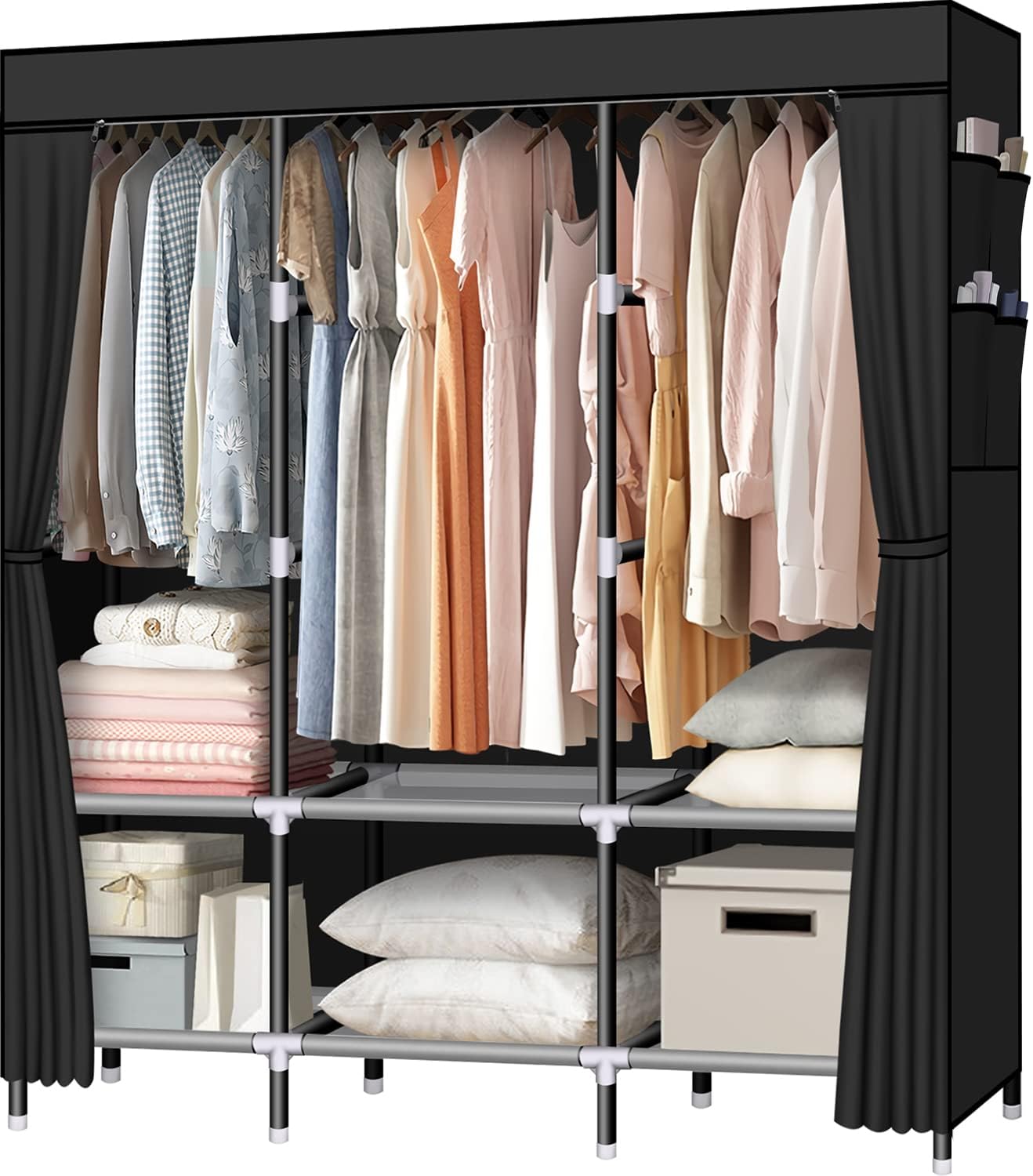 LOKEME Portable Wardrobe, 61-Inch with 3 Hanging Rods and 6 Storage Shelves, Non...