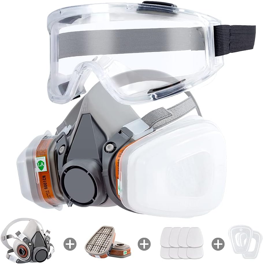 Reusable Half Face Gas Mask with Safety Glasses, Filters - For Painting, Welding...