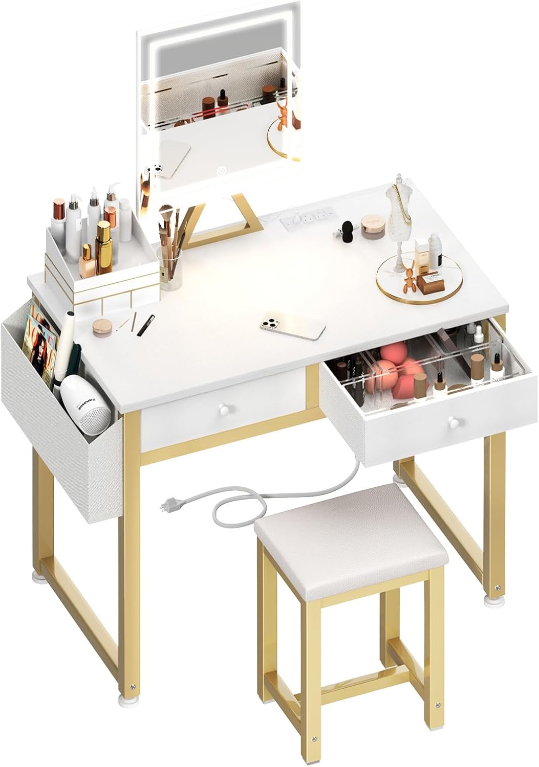 Lufeiya Small Makeup Vanity Desk with Fabric Drawers, 32 inch White Vanity Desks...