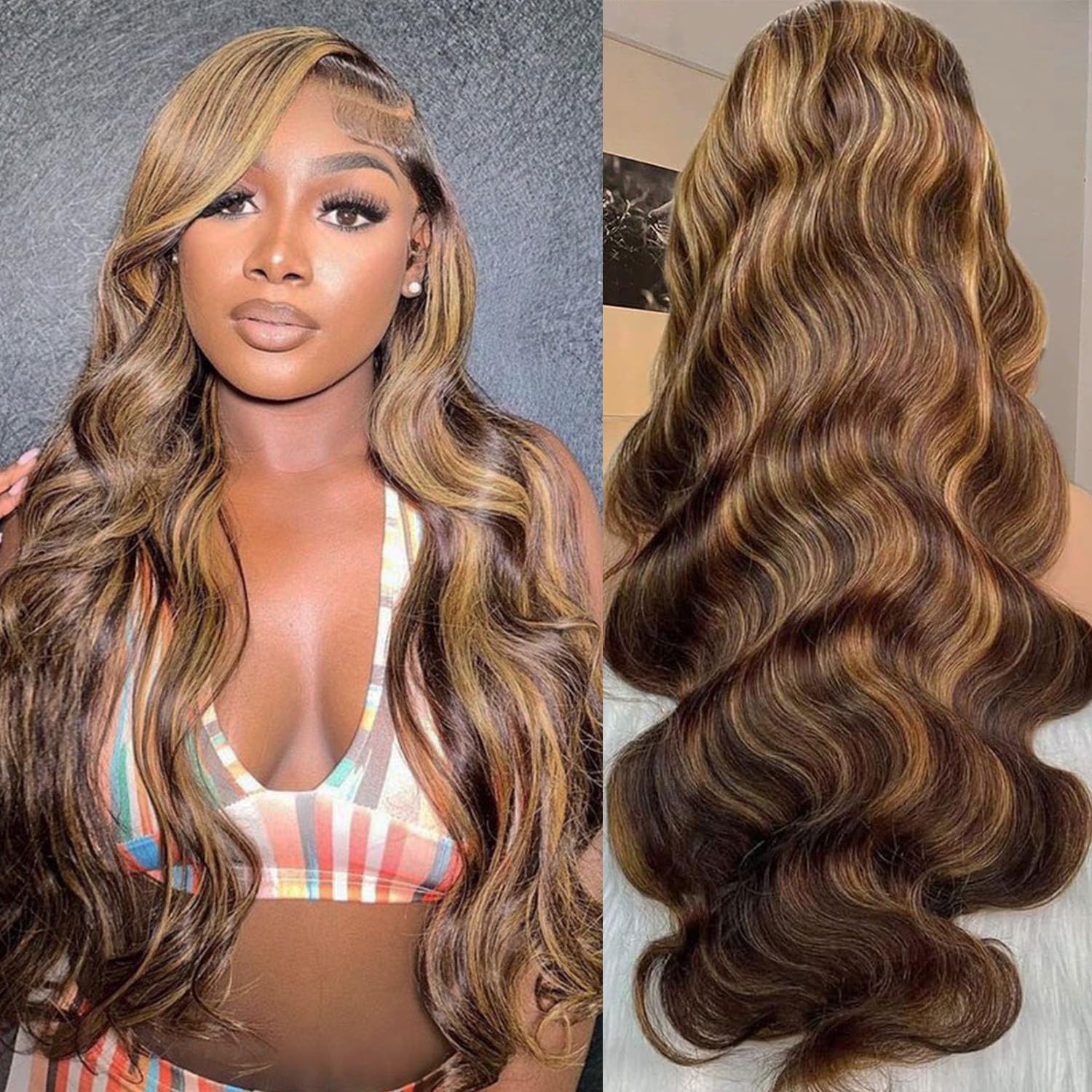 Ombre Lace Front Wig Human Hair - 13x6 HD Body Wave Highlight Lace Frontal Wigs...