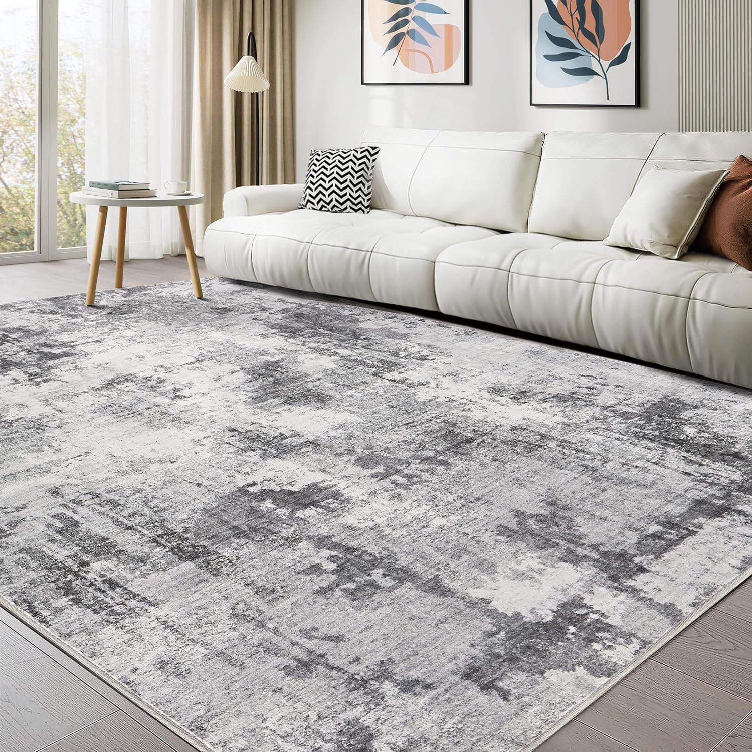 Washable Rug 9x12 Area Rugs: Modern Abstract Neutral Soft Large Rug for Living R...