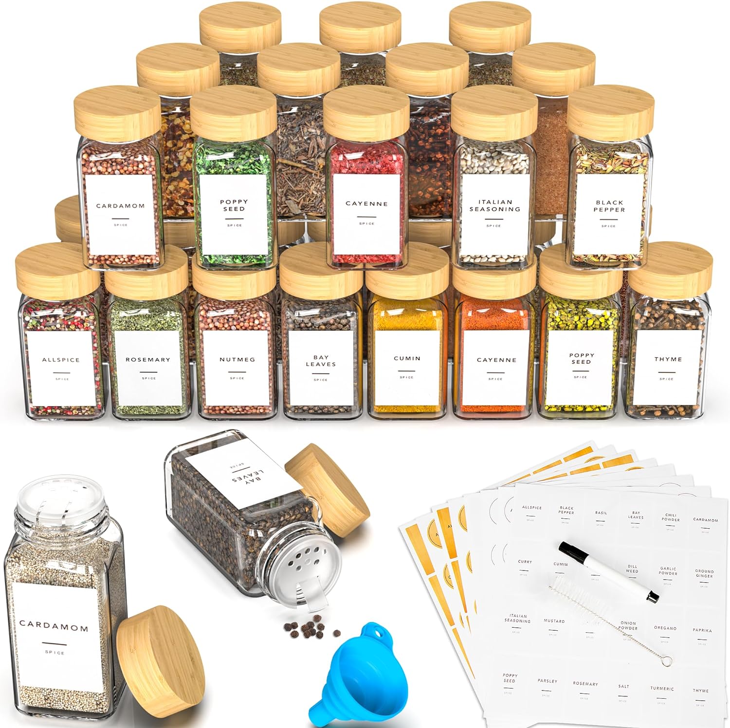 24 Glass Spice Jars with Label, Spice Jar Set with Bamboo Lids 4oz Seasoning Con...