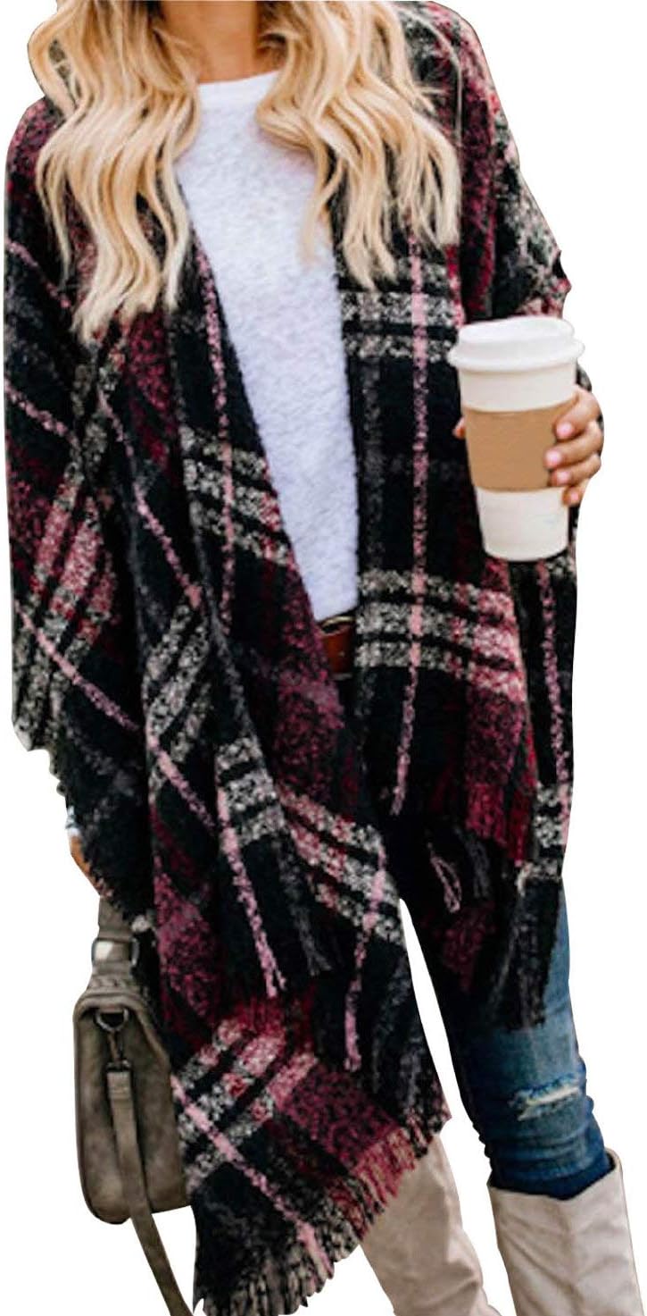 VIMPUNEC Women Boho Buffalo Plaid Poncho Pashmina Shawl Wrap Cape Sweater Knitti...
