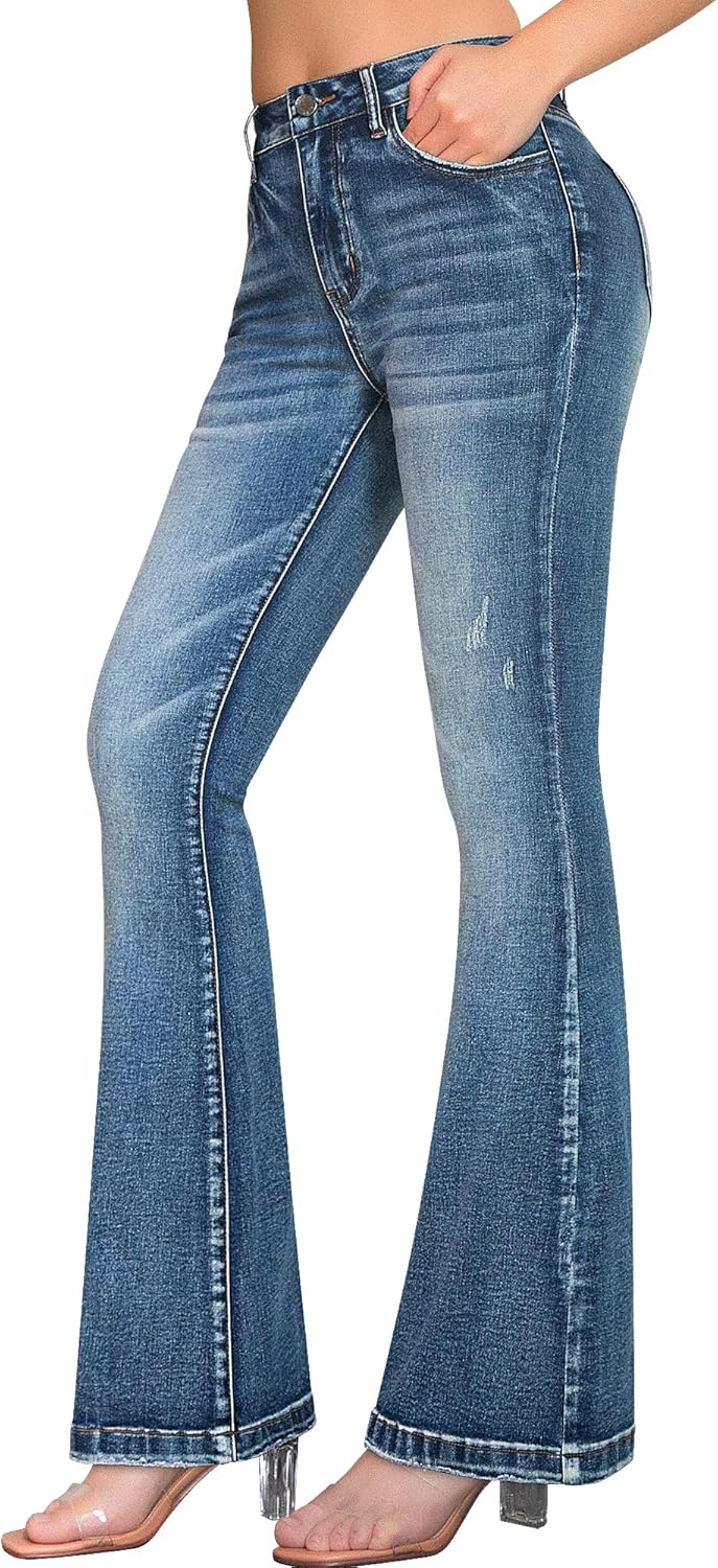 roswear Womens Mid Waist Bell Bottom Stretchy Flare Jeans Pants Small Light Wash...