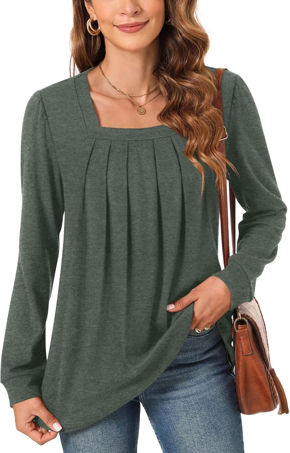 Anyally Womens Plus Size Long Sleeve Tunic Tops Pleated Square Neck Casual Loose...