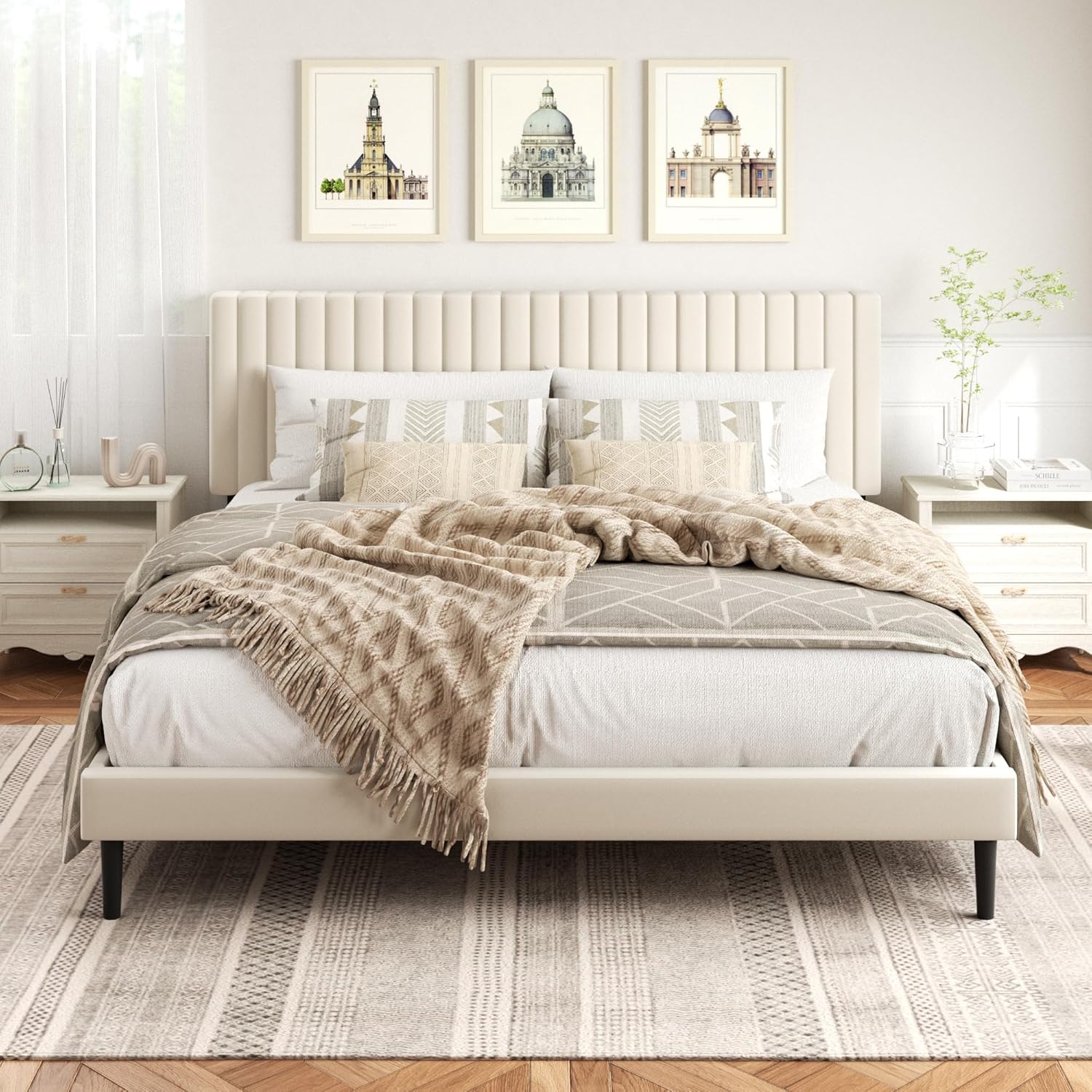 King Size Bed Frame,King Size Platform Bed Frame and Velvet Upholstered Headboar...