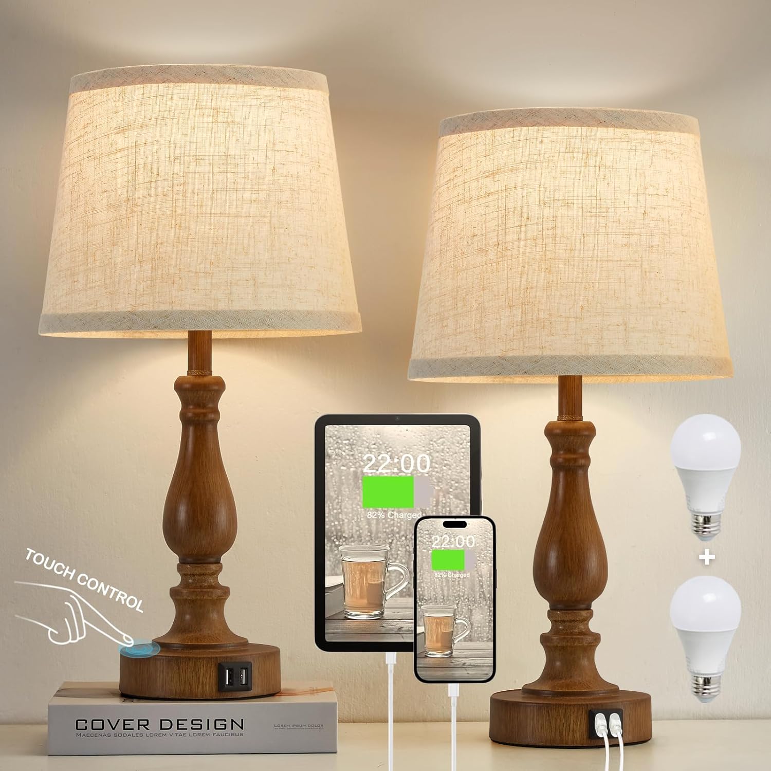 Classical Table Lamps for Bedrooms Set of 2 - Touch Bedside Lamps with Dual USB...