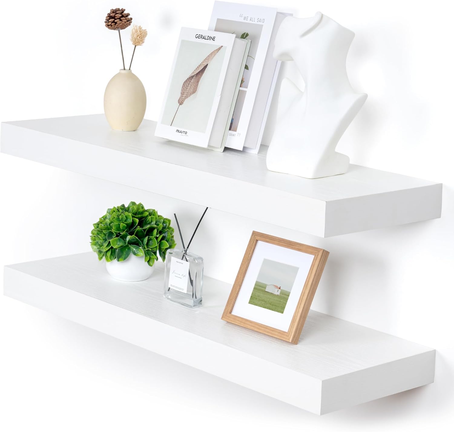 Deep Floating Shelves, 12'' Deep Rustic Large Floating Shelves Set of 2, White S...