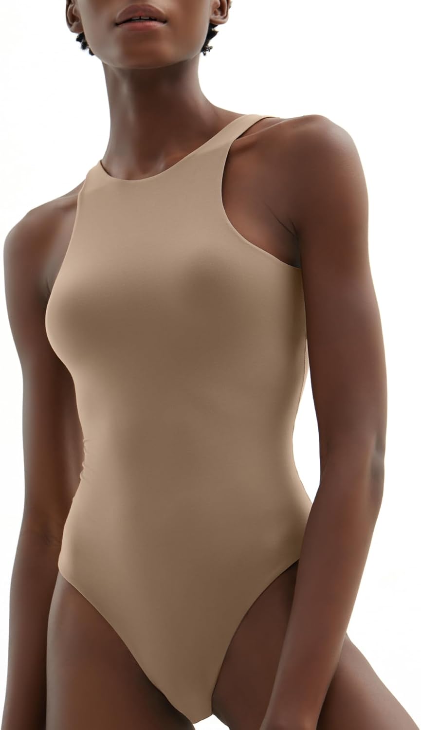 PUMIEY Women's High Neck Sleeveless Bodysuit Sexy Tank Tops Smoke Cloud Collecti...