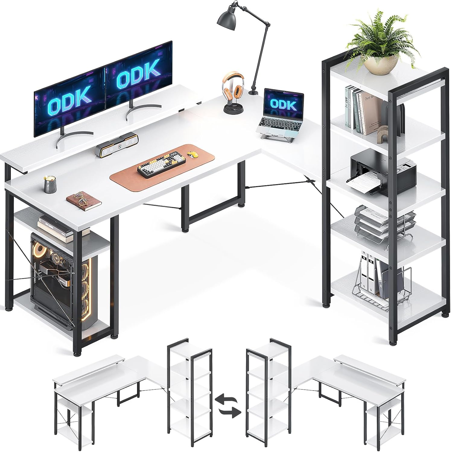 ODK Computer Desk with Shelves, Reversible L Shaped Desk with Monitor Stand, Rev...