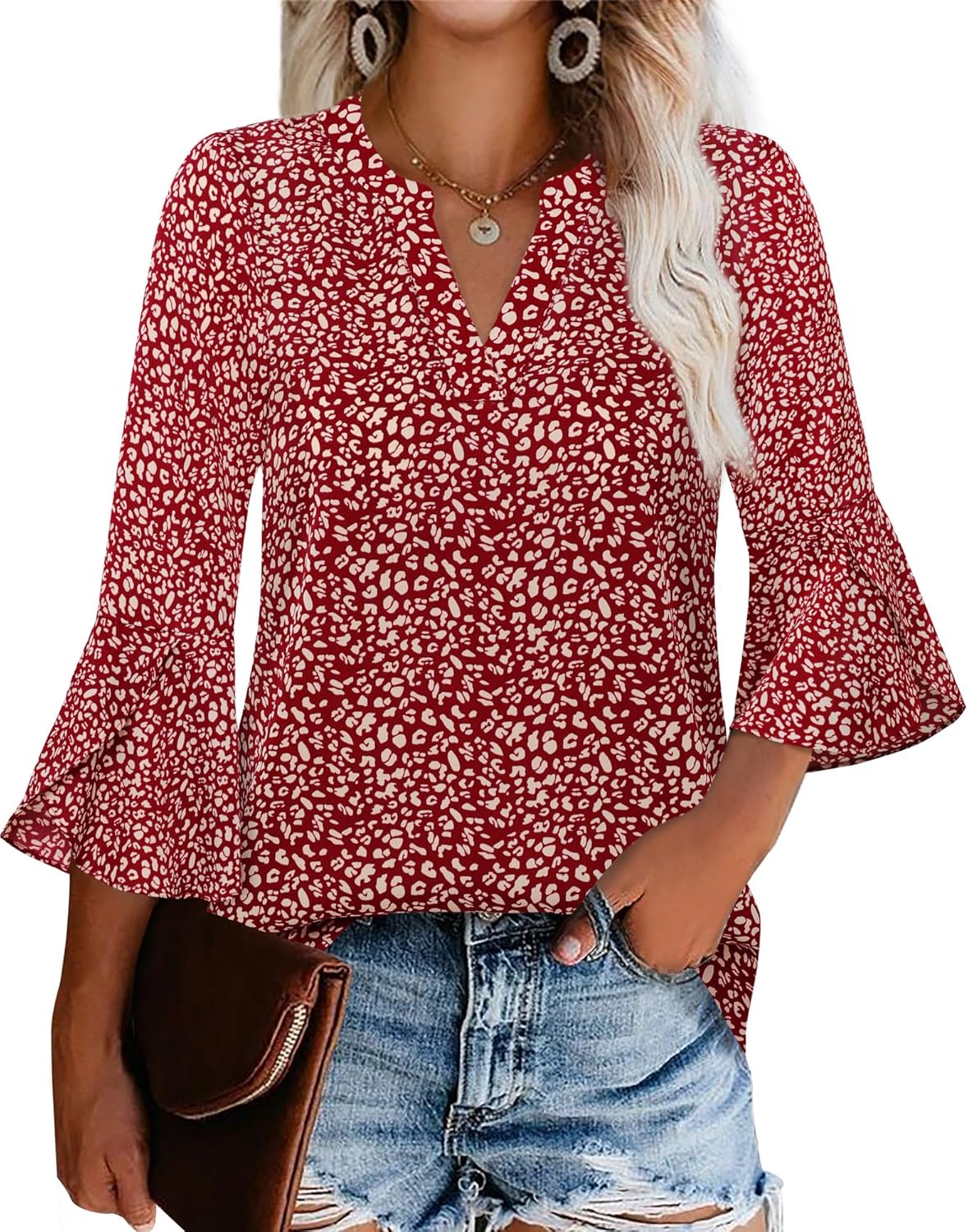 Gaharu Women's Work Blouses Ruffle 3/4 Sleeve Dressy Top V Neck Casual Chiffon T...