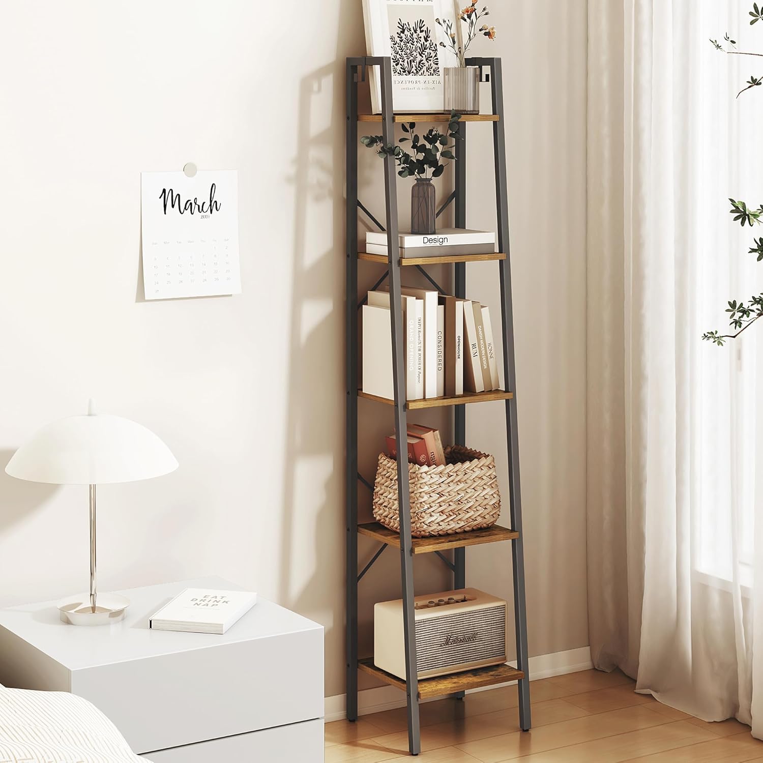 Ladder Shelf, Bookshelf Bookcase, Freestanding Corner Storage Shelve with 2 Hook...