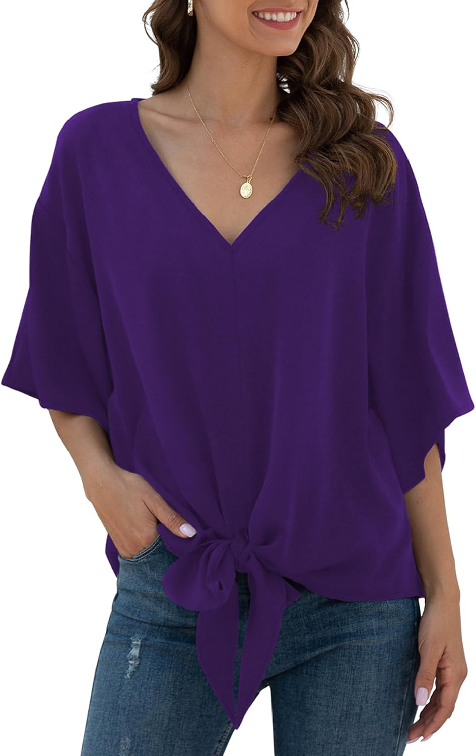 VIISHOW Womens Tie Front Chiffon Blouses V Neck Batwing Short Sleeve Summer Tops...