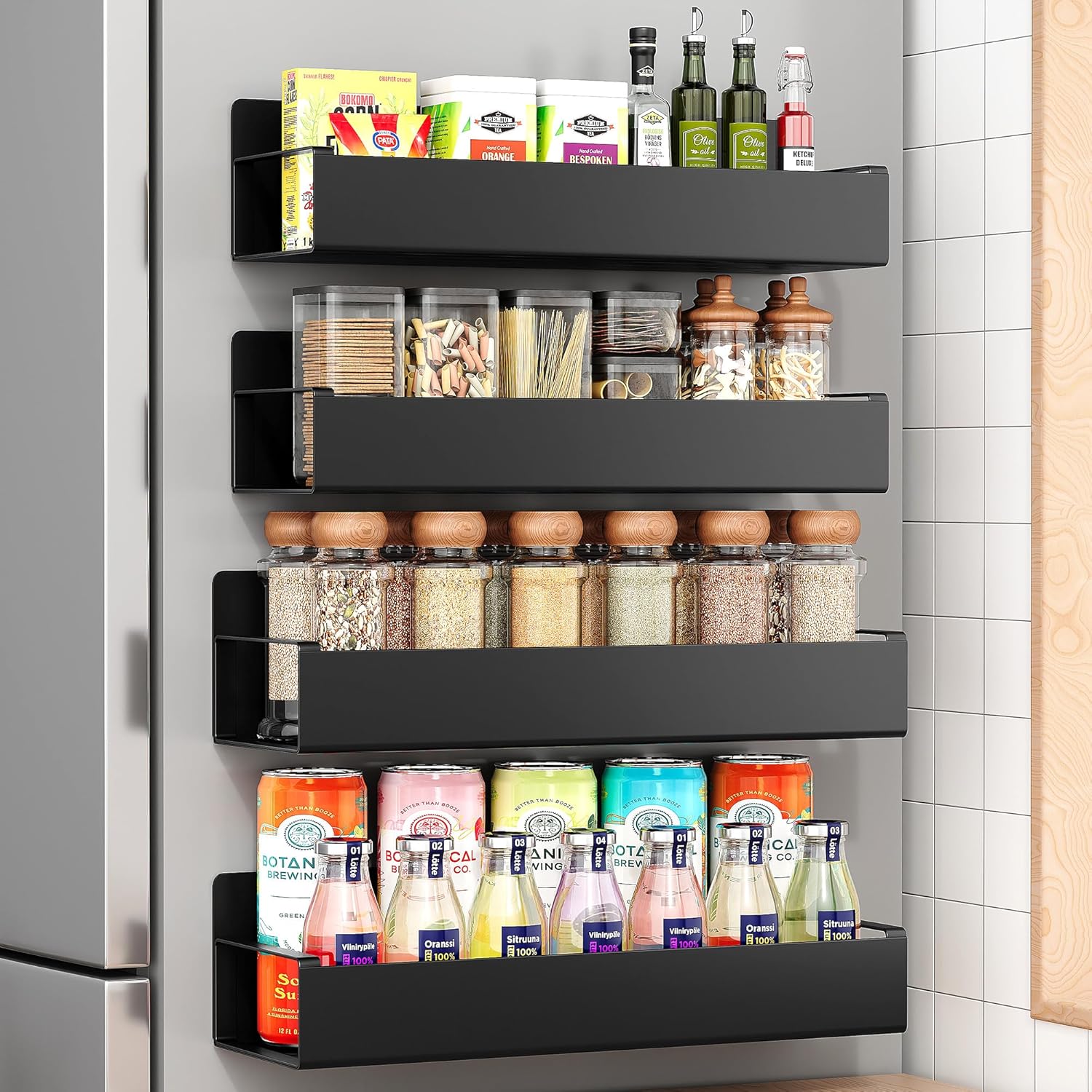 4 Pack Moveable Fridge Magnetic Spice Racks,Metal Black Matt Black 4 Pack