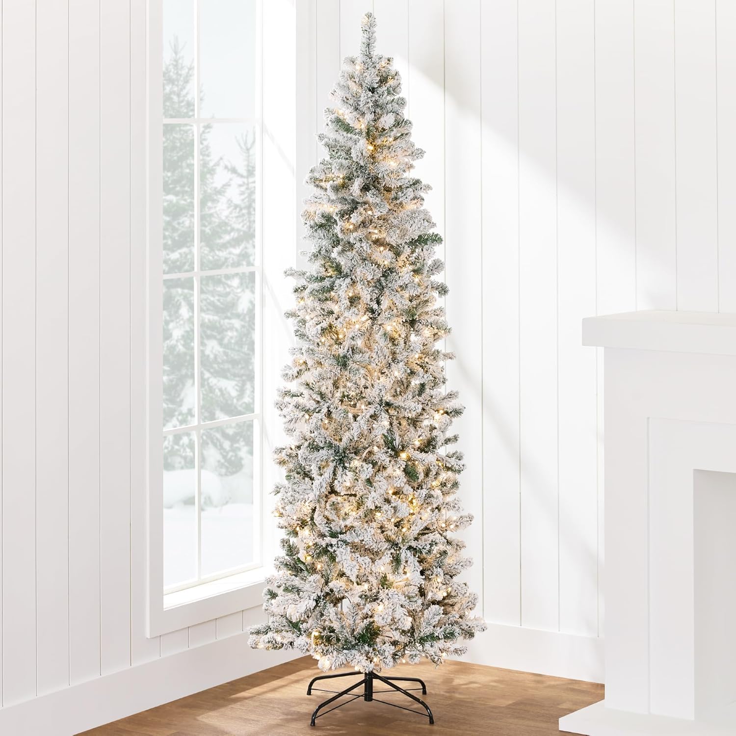 Best Choice Products Flocked Pencil Christmas Tree, Pre-Lit Slim Artificial Holi...
