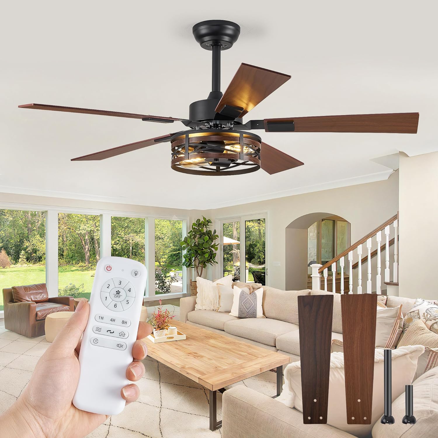 Farmhouse Ceiling Fans with Light, 48 Inch Bedroom Ceiling Fan with Lights, 6-Sp...