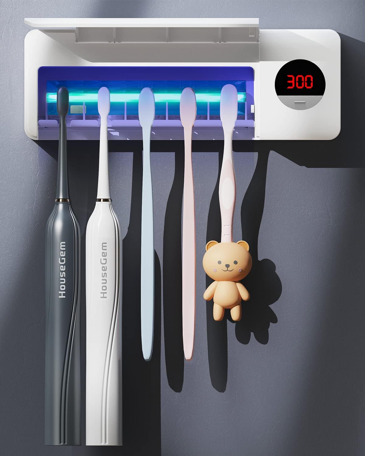 HouseGem Toothbrush Holder, Timer Function, 2000mAh Rechargeable Cordless Wall-M...