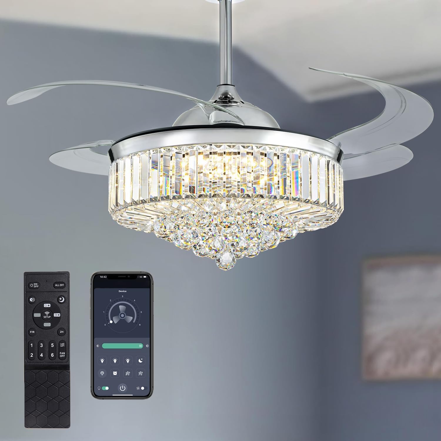 Moooni Modern Dimmable Crystal Fandelier, Special Retractable Blades Ceiling Fan...