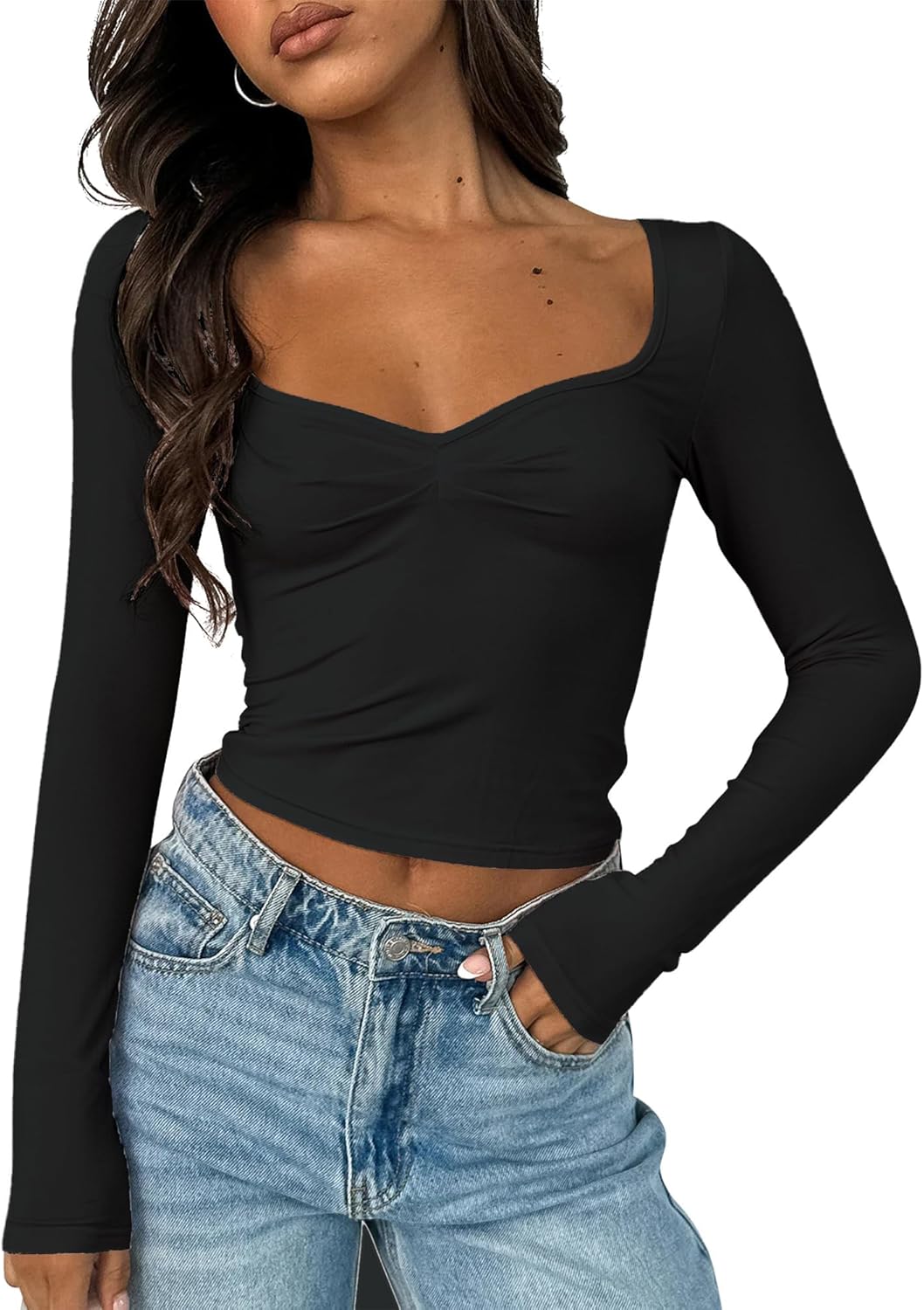 ForeFair Women's Sexy Long Sleeve Going Out Tops Pleated Bustier Shirt Cute Swee...
