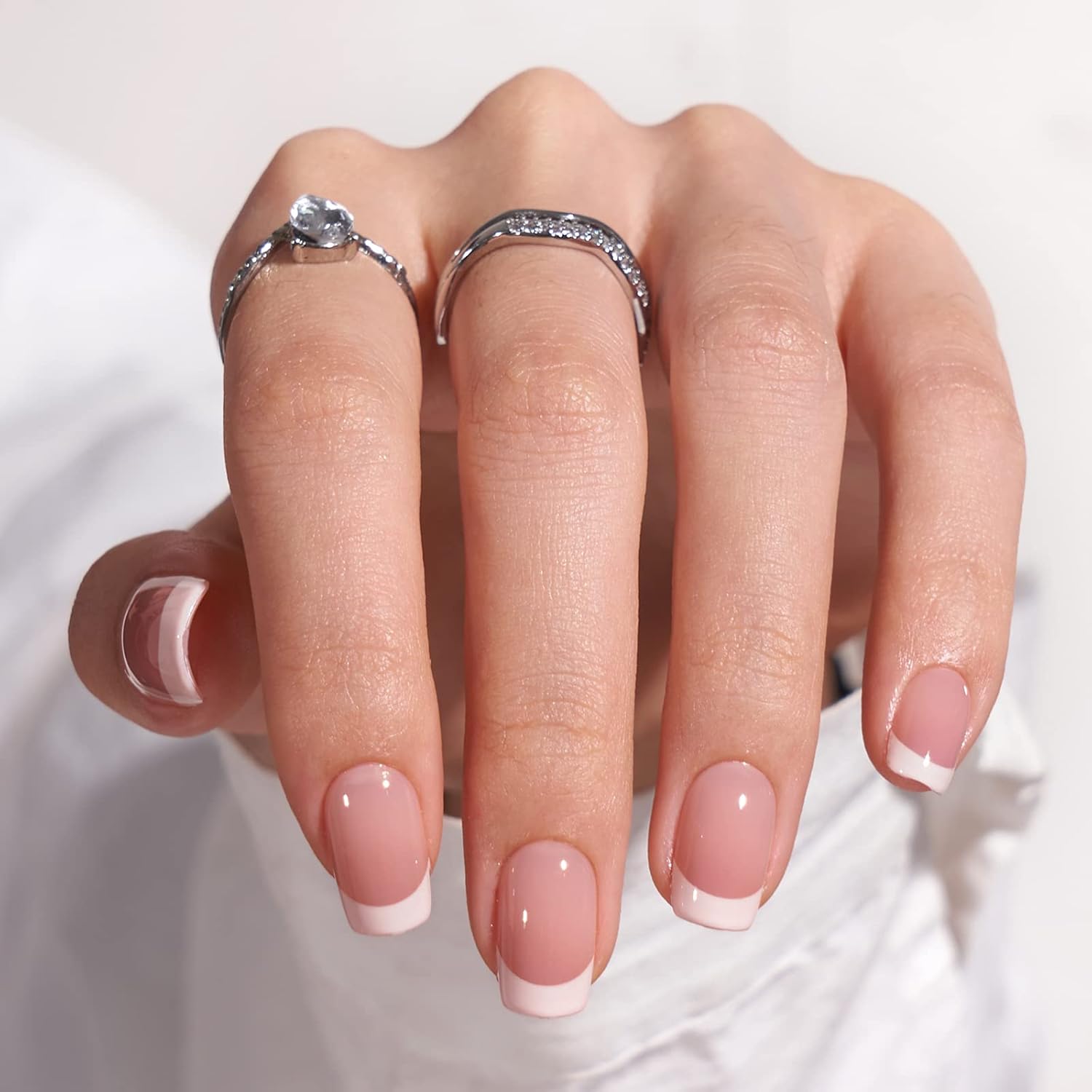 BTArtbox Stick On Nails Short - Square French Tip False Nails With Glue, 30Pcs S...