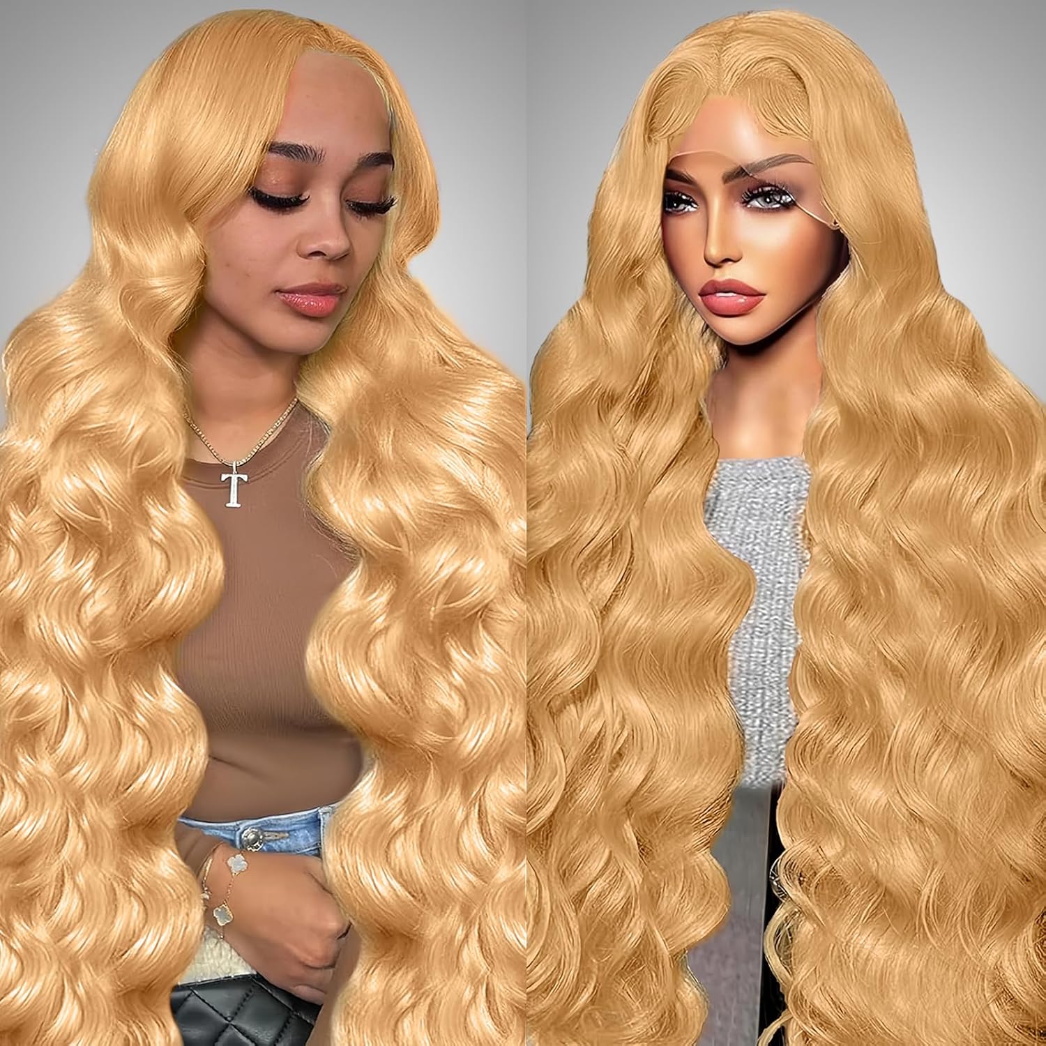 Honey Blonde Wig Human Hair 180% Density 13x6 HD T...
