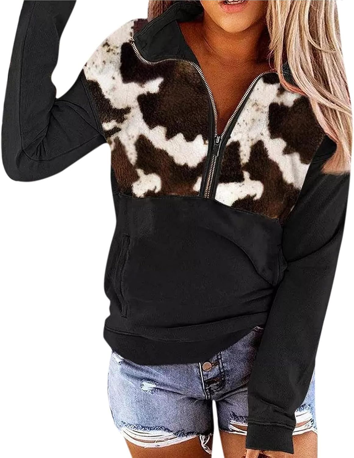 LEMAFER Women's 2024 Casual Aztec Cow Print Zipper Collar Pullover Sweatshirt We...