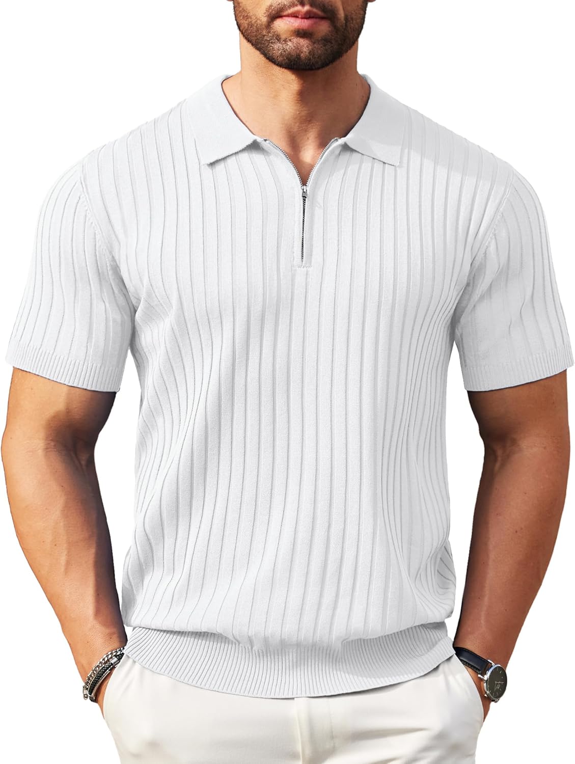 COOFANDY Men's Zipper Polo Shirts, Special Short Sleeve Ribbed Knit Polo T Shirt...